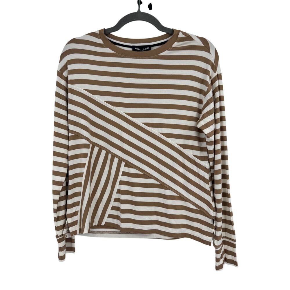 NWT Nautica Jeans Lake Crew Women’s Striped Long Sleeve Top XS Tan White Casual